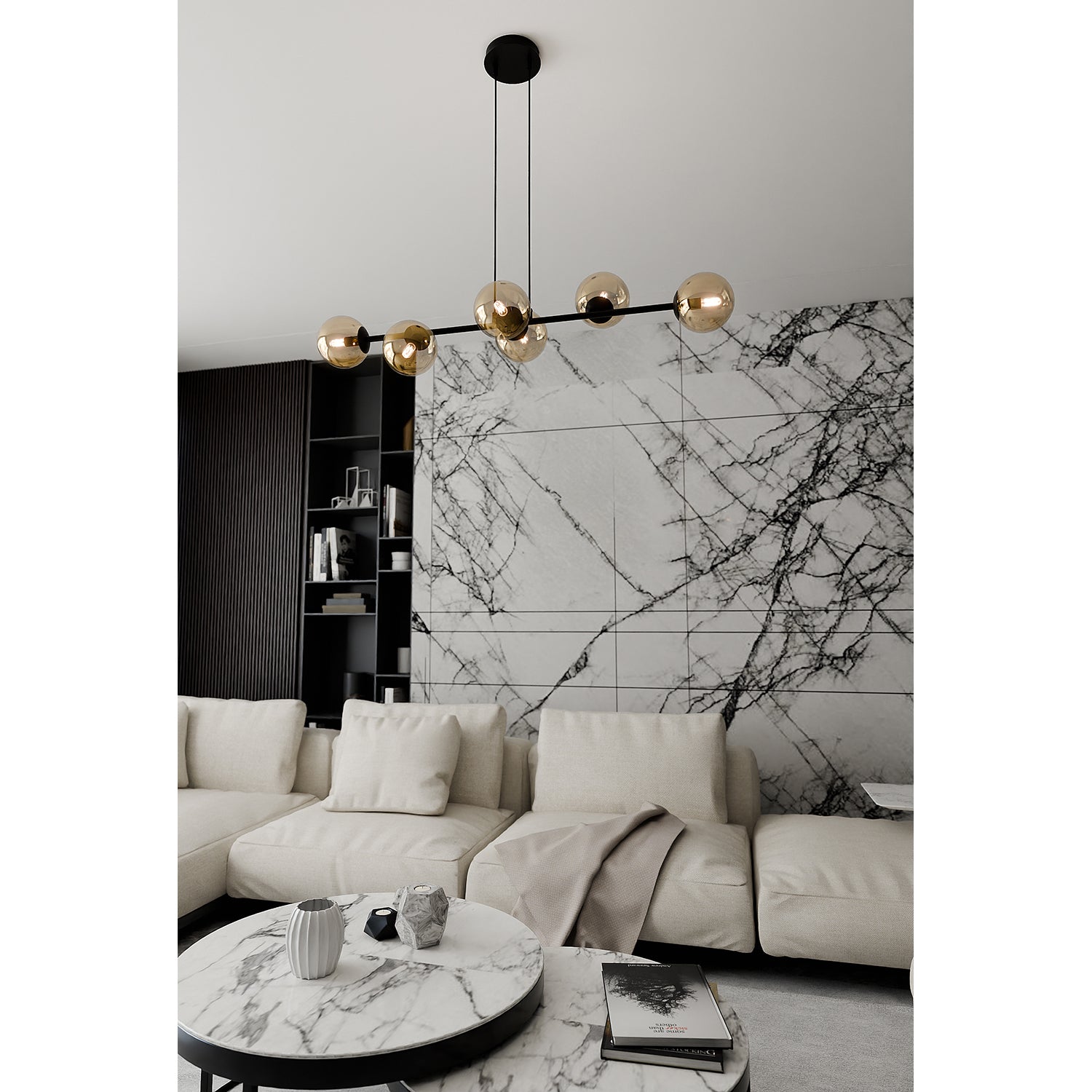 Lampadario Contemporaneo 6 Luci Durga In Acciaio Nero E Sfere In Vetro Ambra