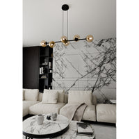 Lampadario Contemporaneo 6 Luci Durga In Acciaio Nero E Sfere In Vetro Ambra