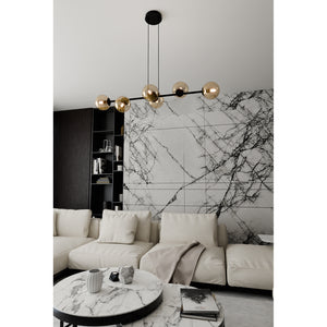 Lampadario Contemporaneo 6 Luci Durga In Acciaio Nero E Sfere In Vetro Ambra