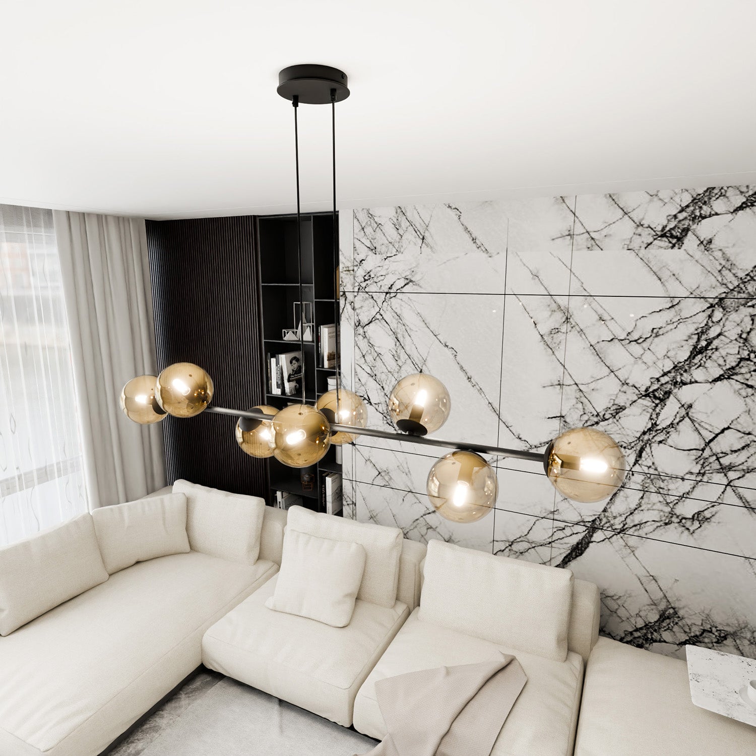 Lampadario Contemporaneo 8 Luci Durga In Acciaio Nero E Sfere In Vetro Ambra