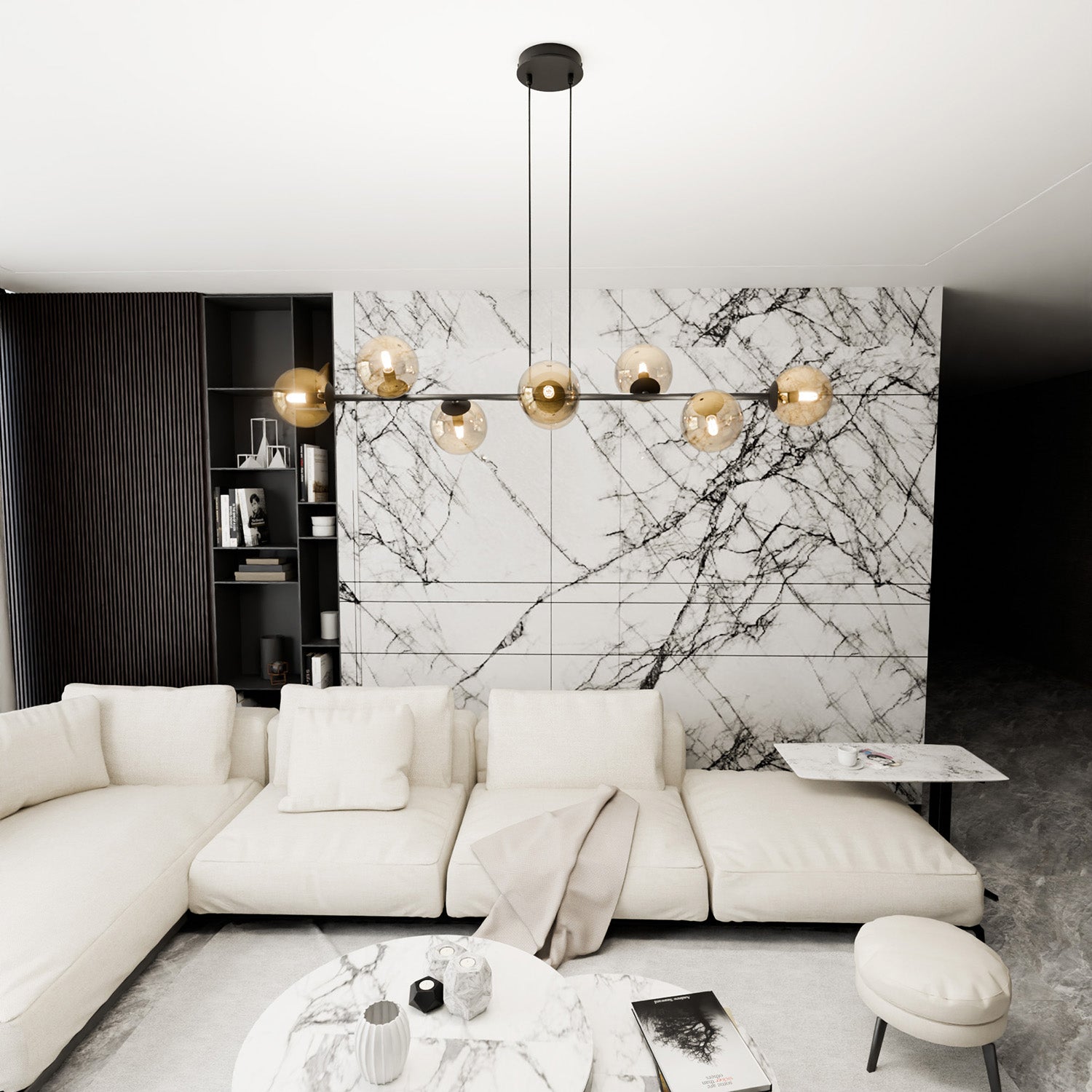 Lampadario Contemporaneo 8 Luci Durga In Acciaio Nero E Sfere In Vetro Ambra