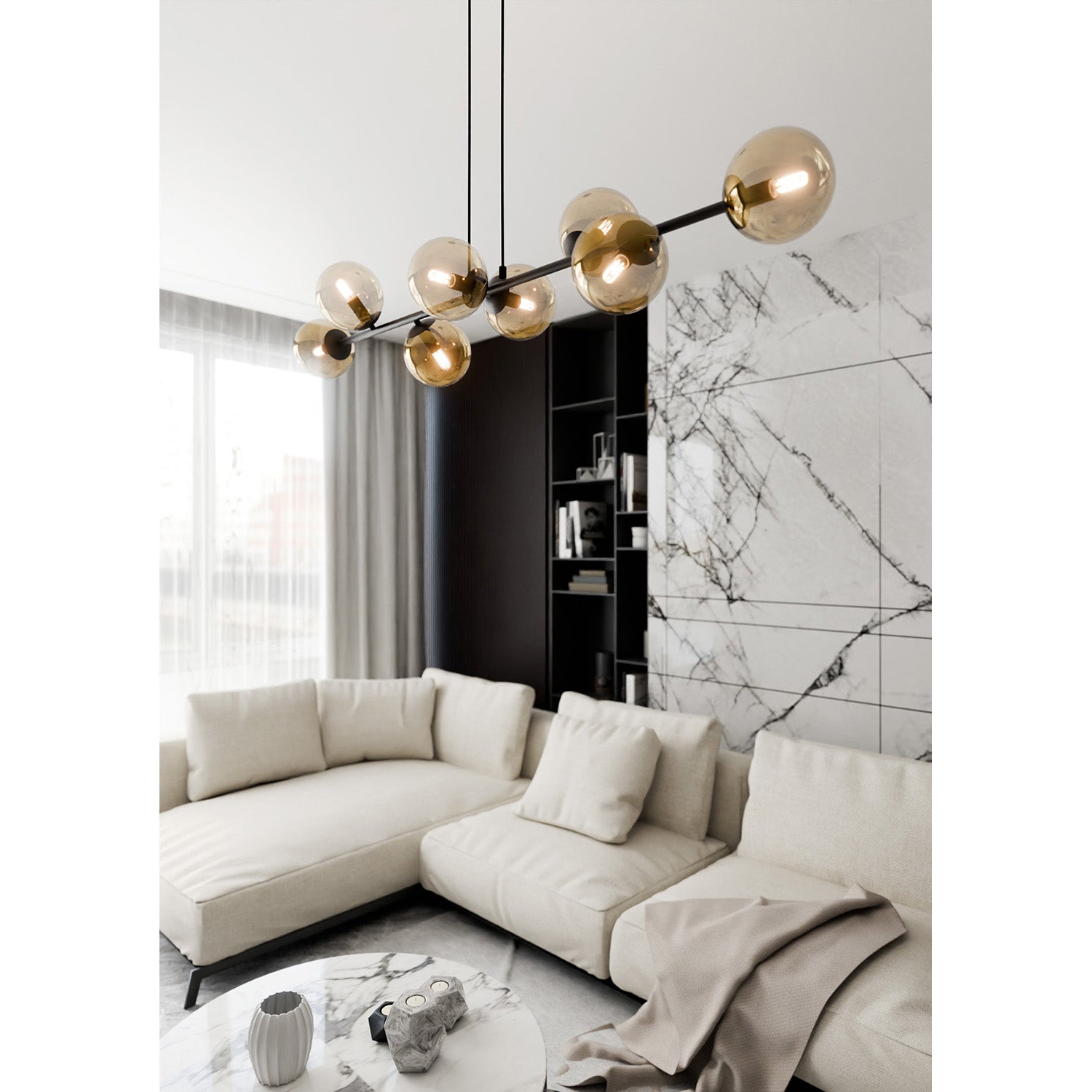 Lampadario Contemporaneo 8 Luci Durga In Acciaio Nero E Sfere In Vetro Ambra