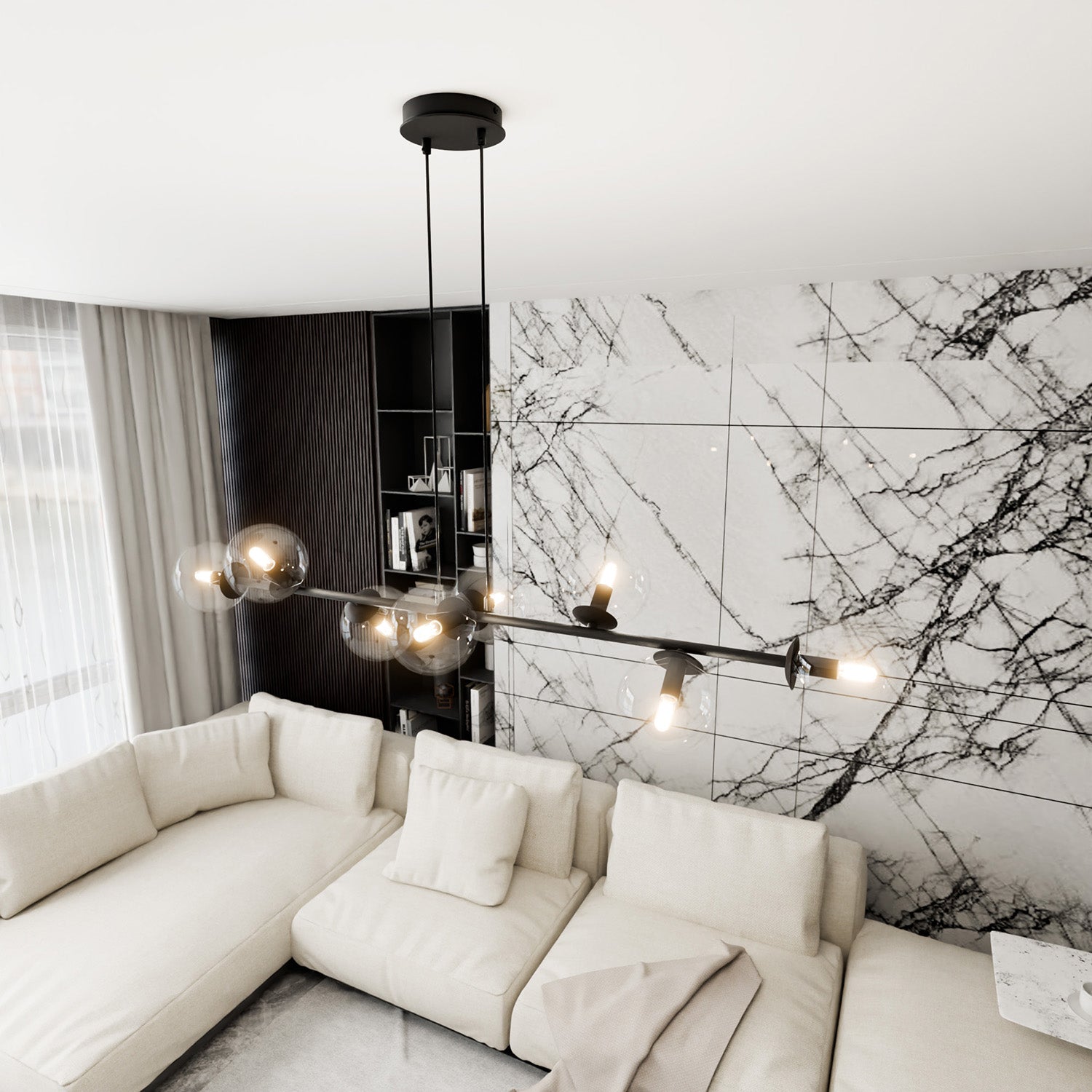 Lampadario Contemporaneo 8 Luci Durga In Acciaio Nero E Sfere Vetro Trasparente