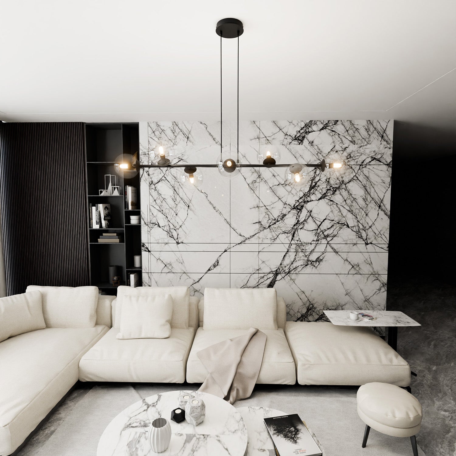 Lampadario Contemporaneo 8 Luci Durga In Acciaio Nero E Sfere Vetro Trasparente