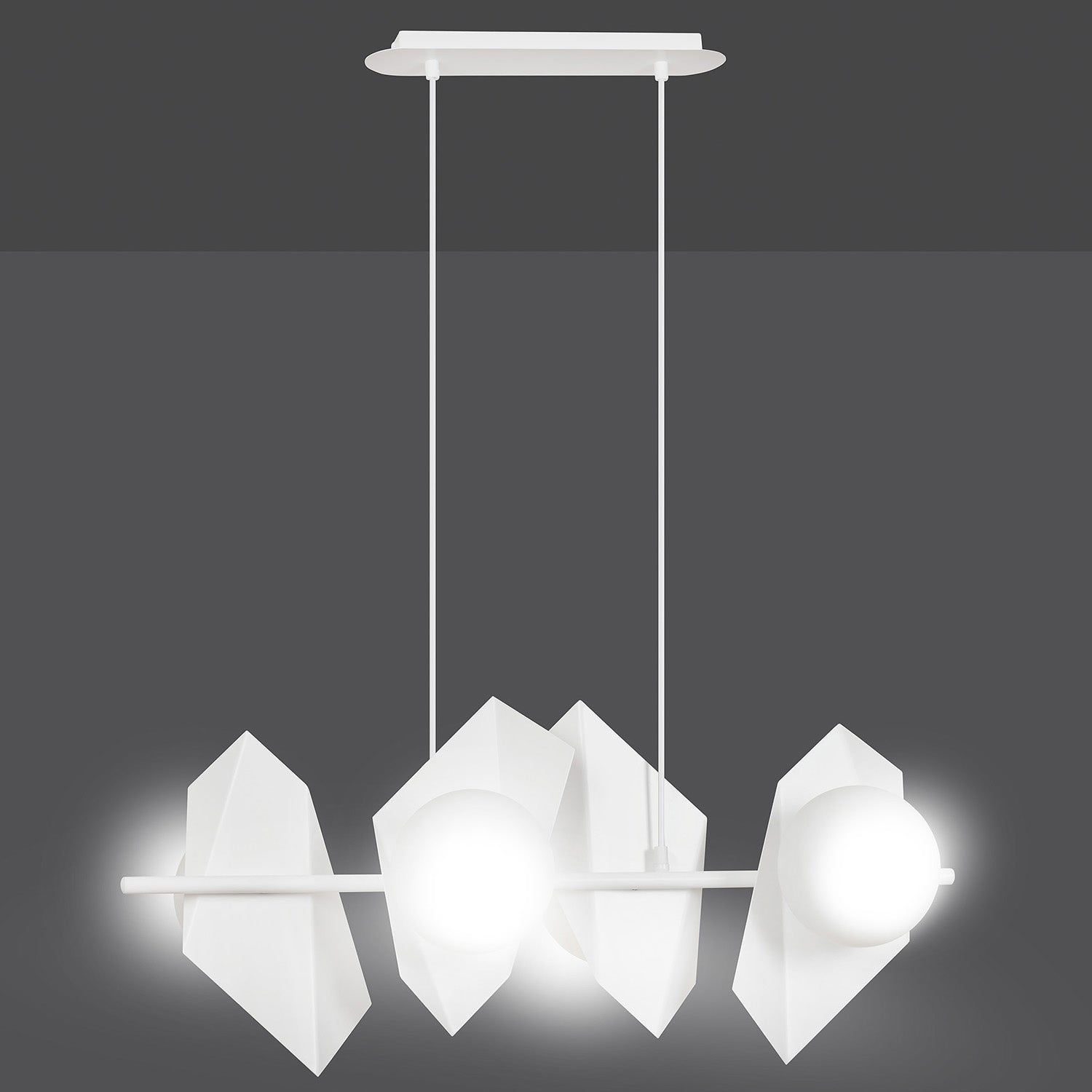 Lampadario 4 Luci Moderno Parvati In Acciaio Bianco E Sfere Vetro Opalino