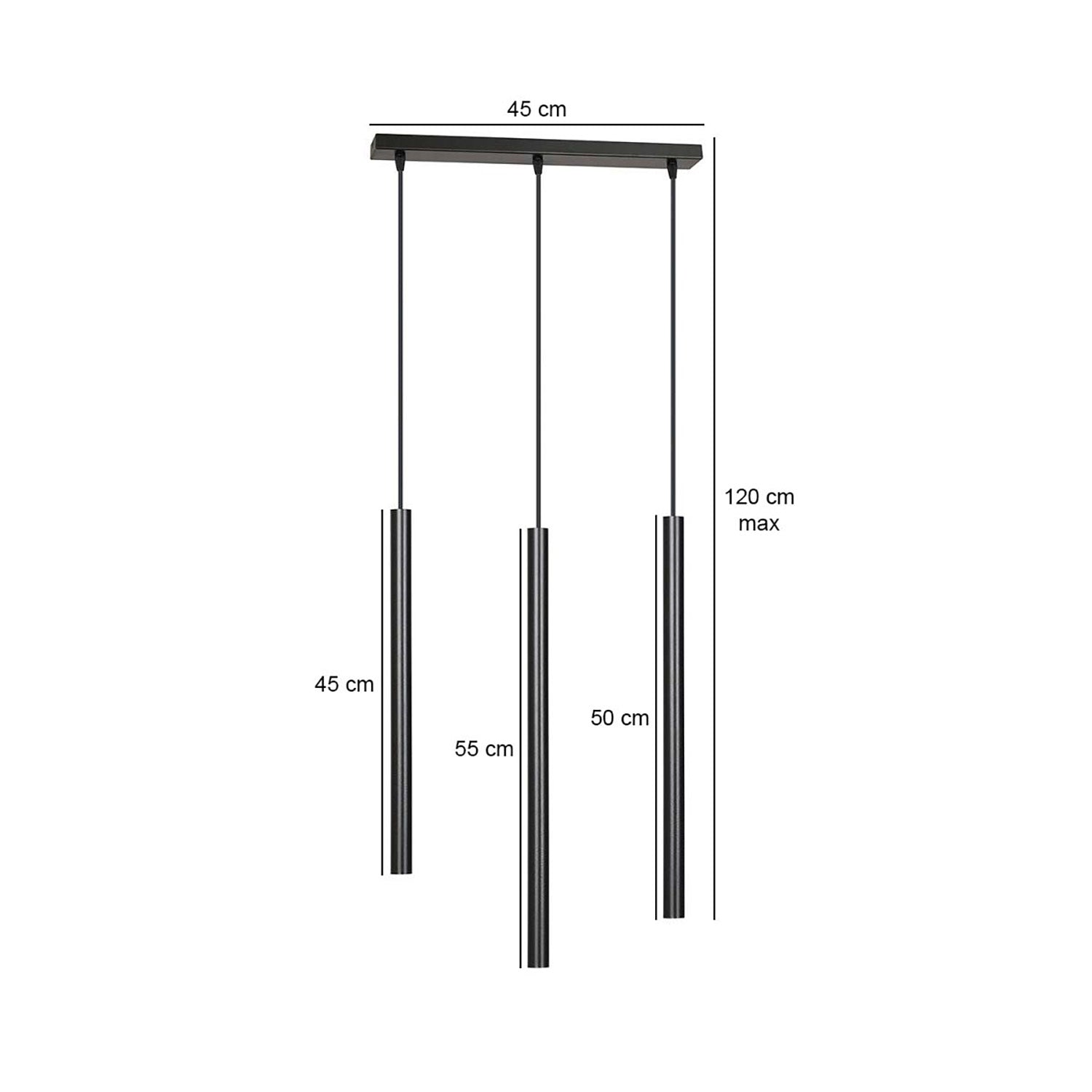 Lampadario 3 Luci Moderno Shu Acciaio Nero E Paralumi A Cilindri Sottili