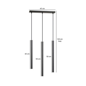 Lampadario 3 Luci Moderno Shu Acciaio Nero E Paralumi A Cilindri Sottili