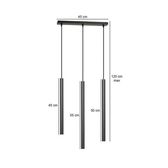 Lampadario 3 Luci Moderno Shu Acciaio Nero E Paralumi A Cilindri Sottili