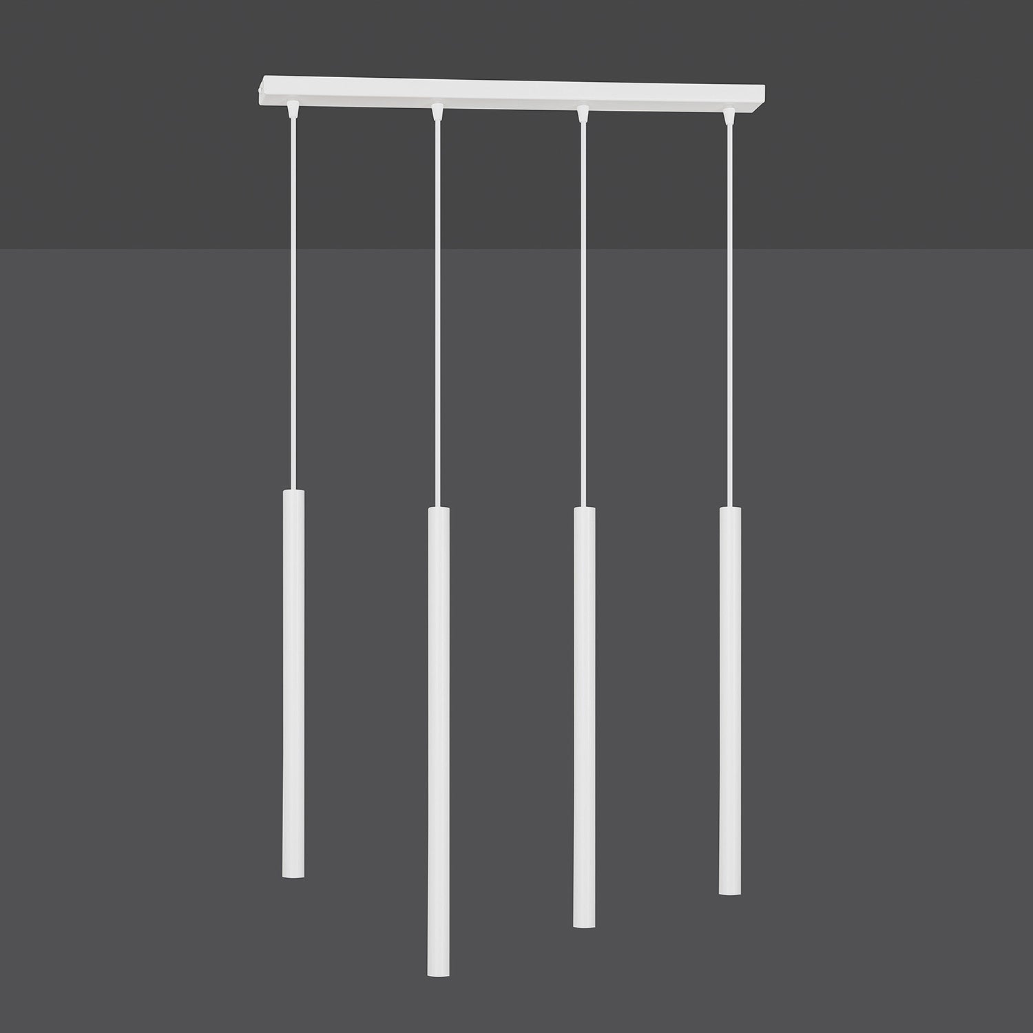 Lampadario 4 Luci Moderno Shu Acciaio Bianco E Paralumi A Cilindri Sottili