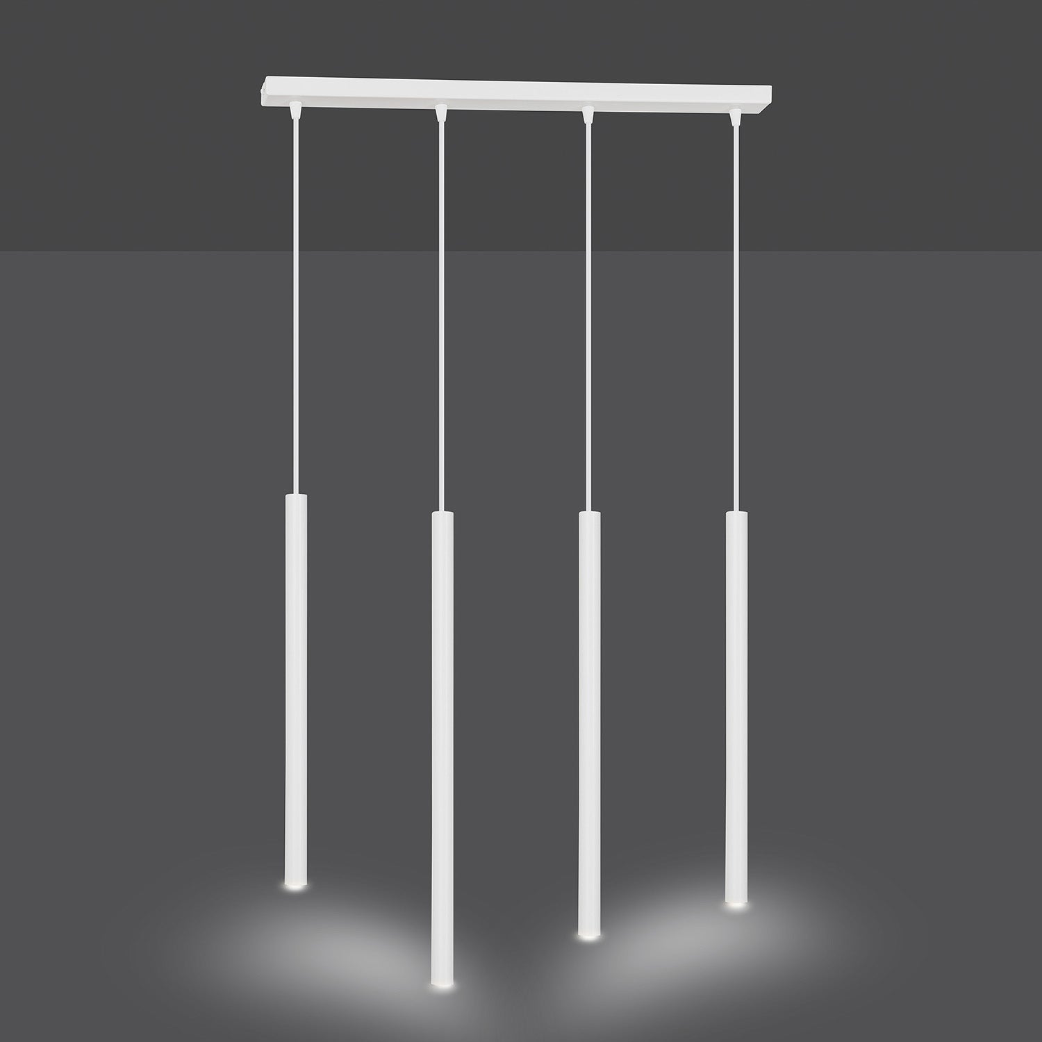 Lampadario 4 Luci Moderno Shu Acciaio Bianco E Paralumi A Cilindri Sottili