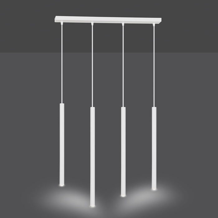 Lampadario 4 Luci Moderno Shu Acciaio Bianco E Paralumi A Cilindri Sottili