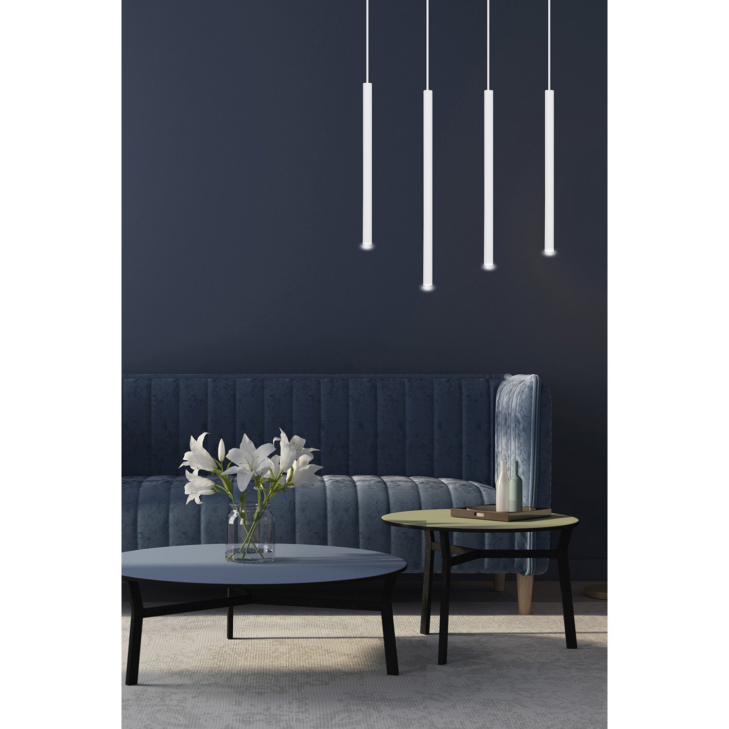 Lampadario 4 Luci Moderno Shu Acciaio Bianco E Paralumi A Cilindri Sottili