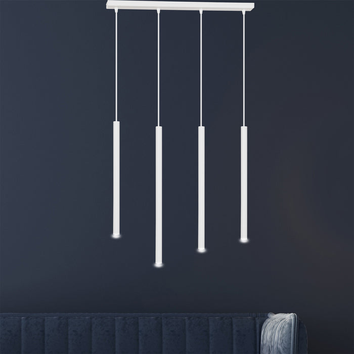 Lampadario 4 Luci Moderno Shu Acciaio Bianco E Paralumi A Cilindri Sottili