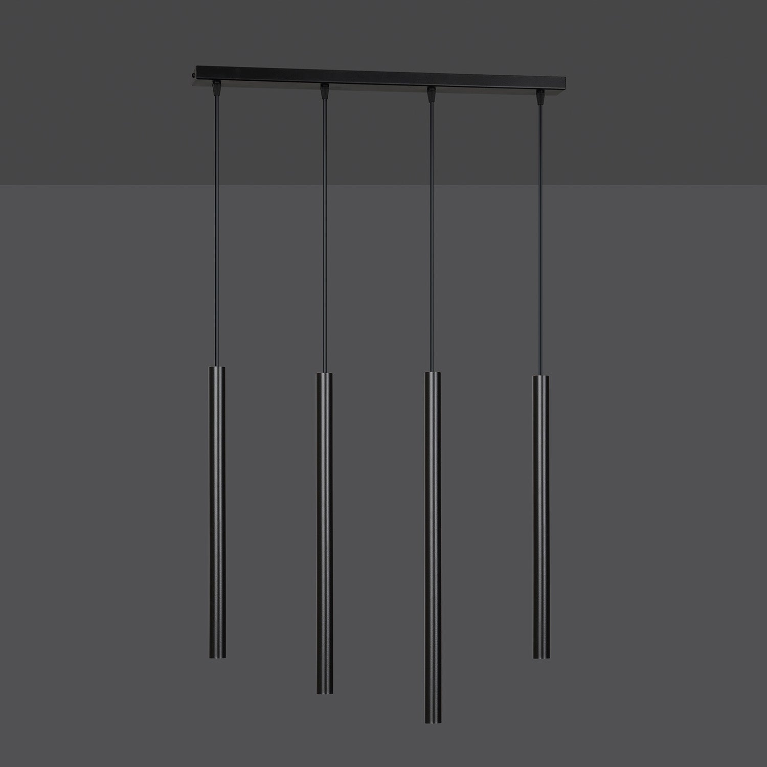 Lampadario 4 Luci Moderno Shu Acciaio Nero E Paralumi A Cilindri Sottili