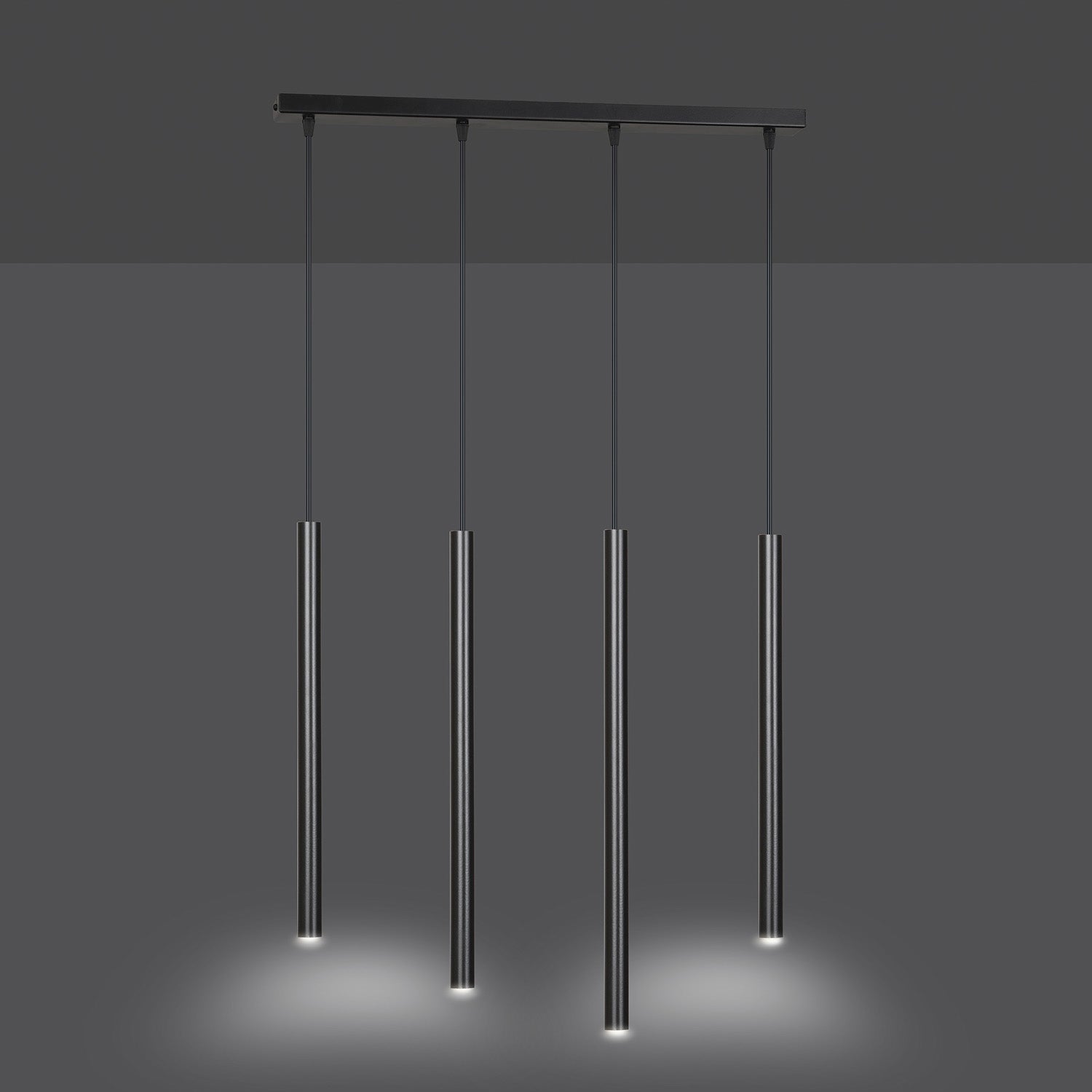 Lampadario 4 Luci Moderno Shu Acciaio Nero E Paralumi A Cilindri Sottili