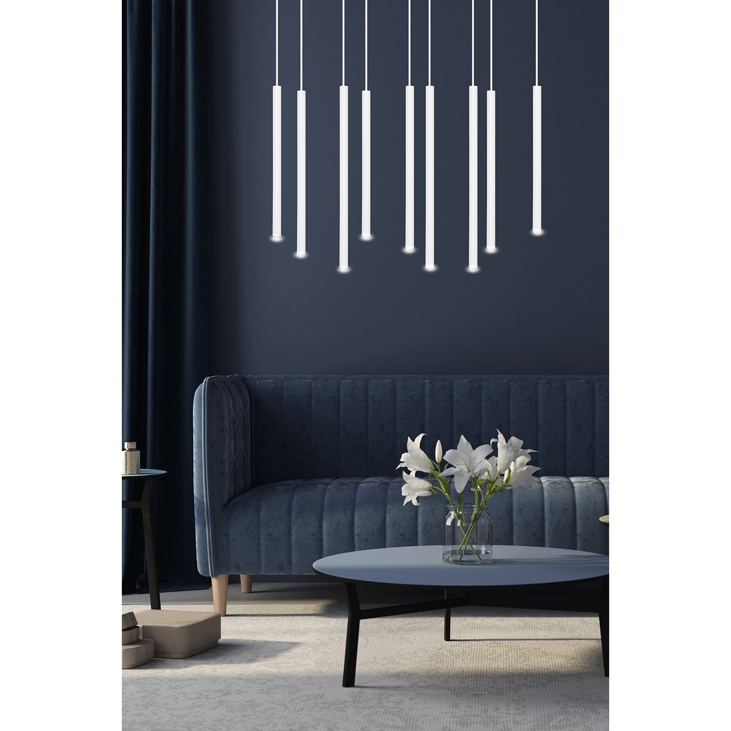 Lampadario 9 Luci Moderno Shu Acciaio Bianco E Paralumi A Cilindri Sottili