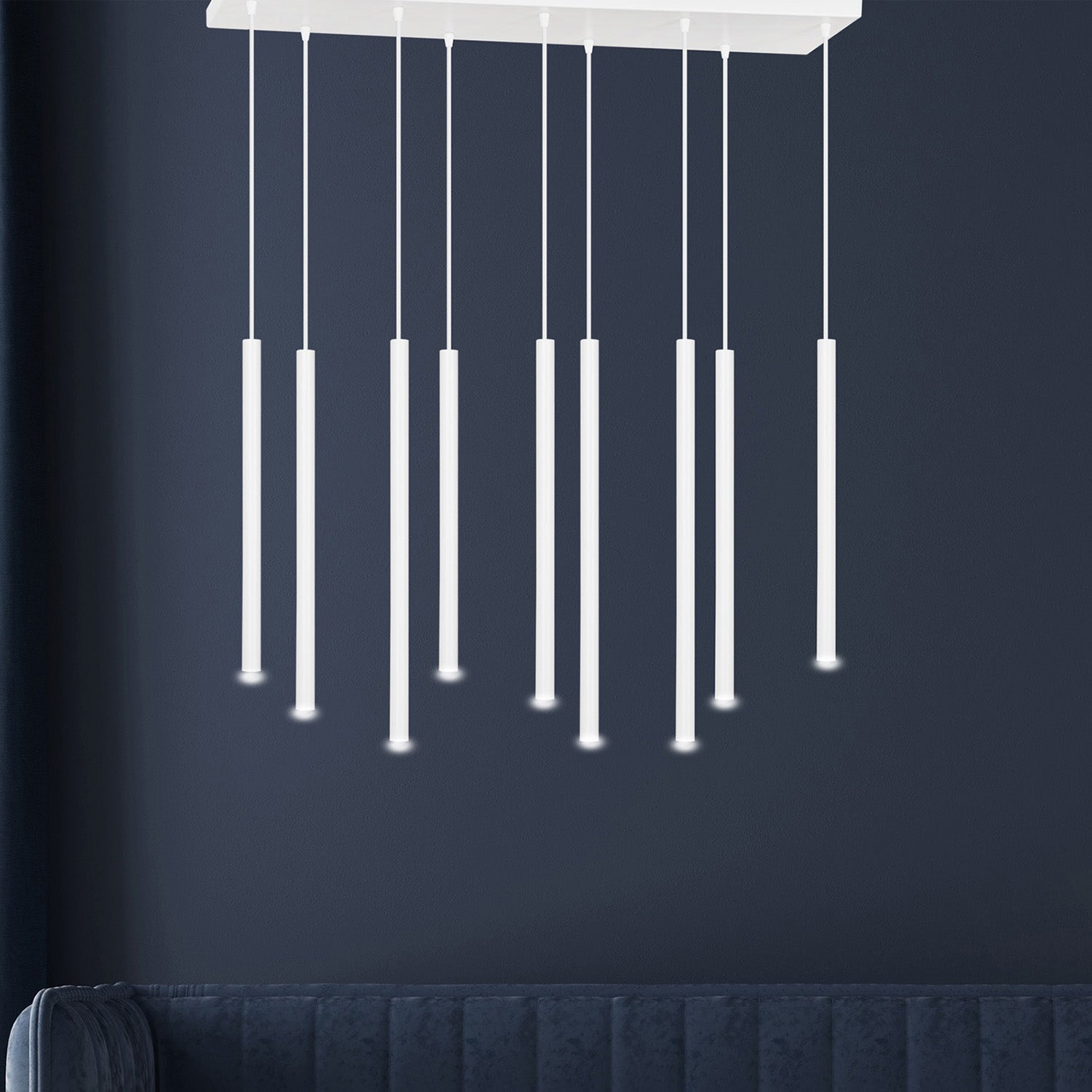 Lampadario 9 Luci Moderno Shu Acciaio Bianco E Paralumi A Cilindri Sottili