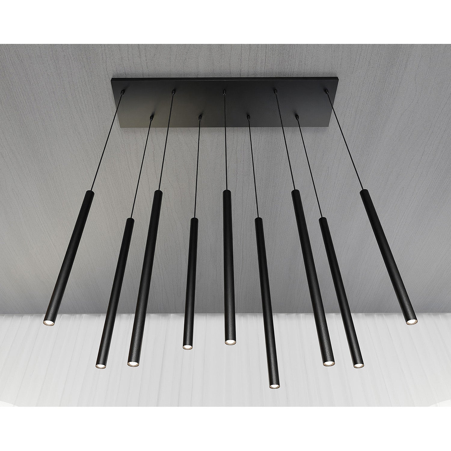 Lampadario 9 Luci Moderno Shu Acciaio Nero E Paralumi A Cilindri Sottili