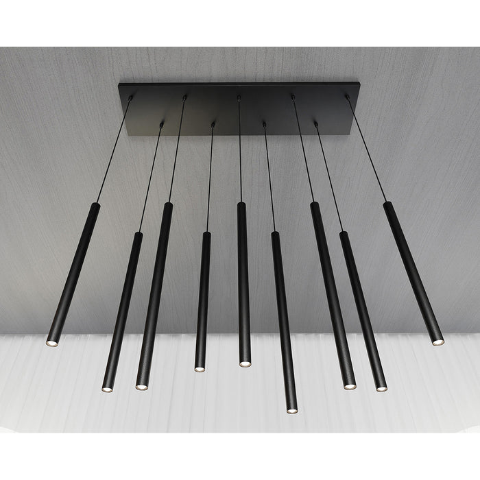 Lampadario 9 Luci Moderno Shu Acciaio Nero E Paralumi A Cilindri Sottili