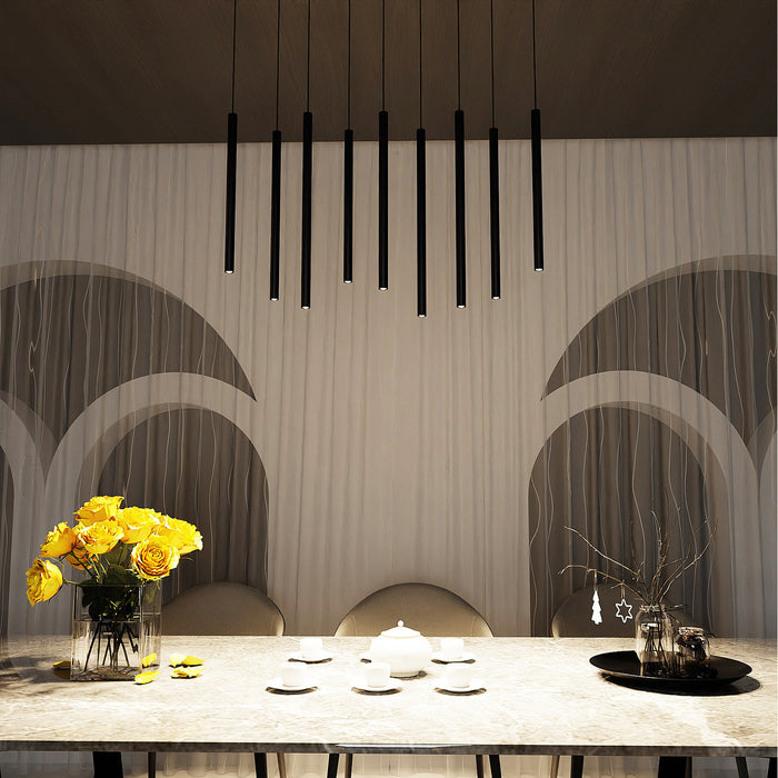 Lampadario 9 Luci Moderno Shu Acciaio Nero E Paralumi A Cilindri Sottili