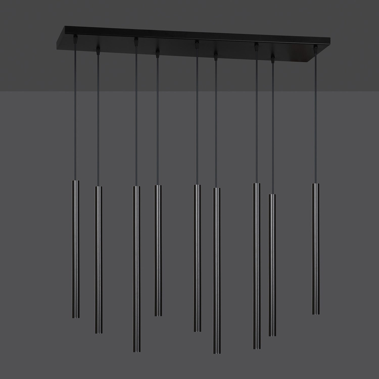 Lampadario 9 Luci Moderno Shu Acciaio Nero E Paralumi A Cilindri Sottili