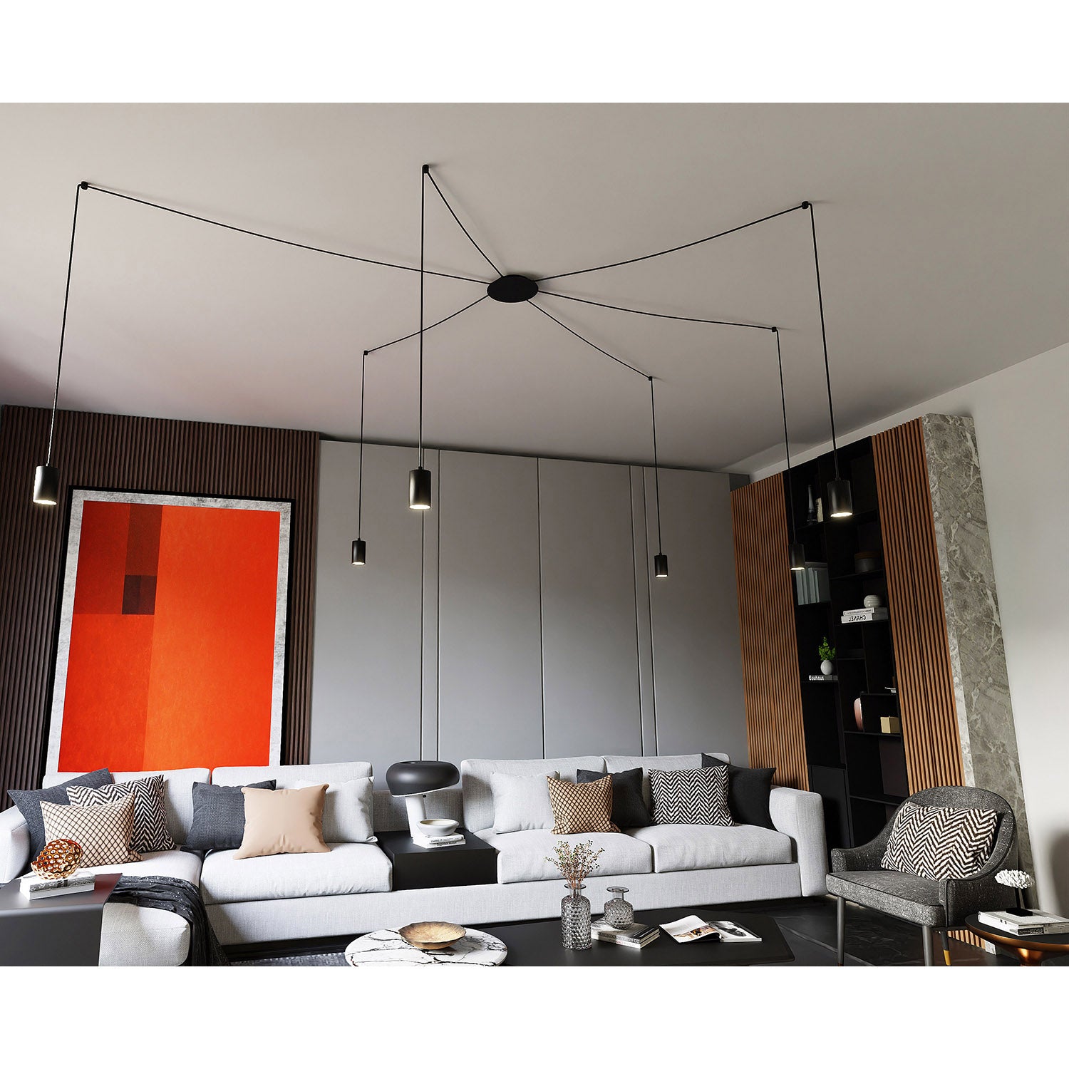 Sospensione A Ragno In Acciaio Nero 6 Luci Tracker Con Cavo 3 Metri