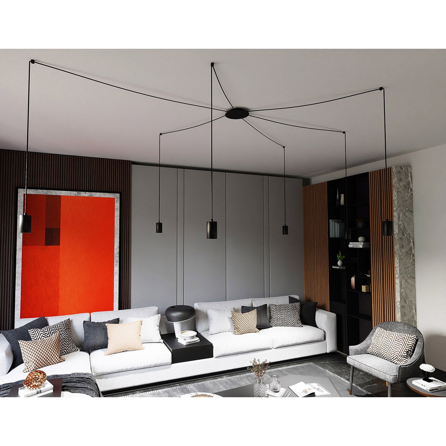 Sospensione A Ragno In Acciaio Nero 6 Luci Tracker Con Cavo 3 Metri