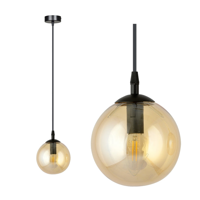Sospensione Moderna 1 Luce Kali In Acciaio Nero E Sfera In Vetro Ambra