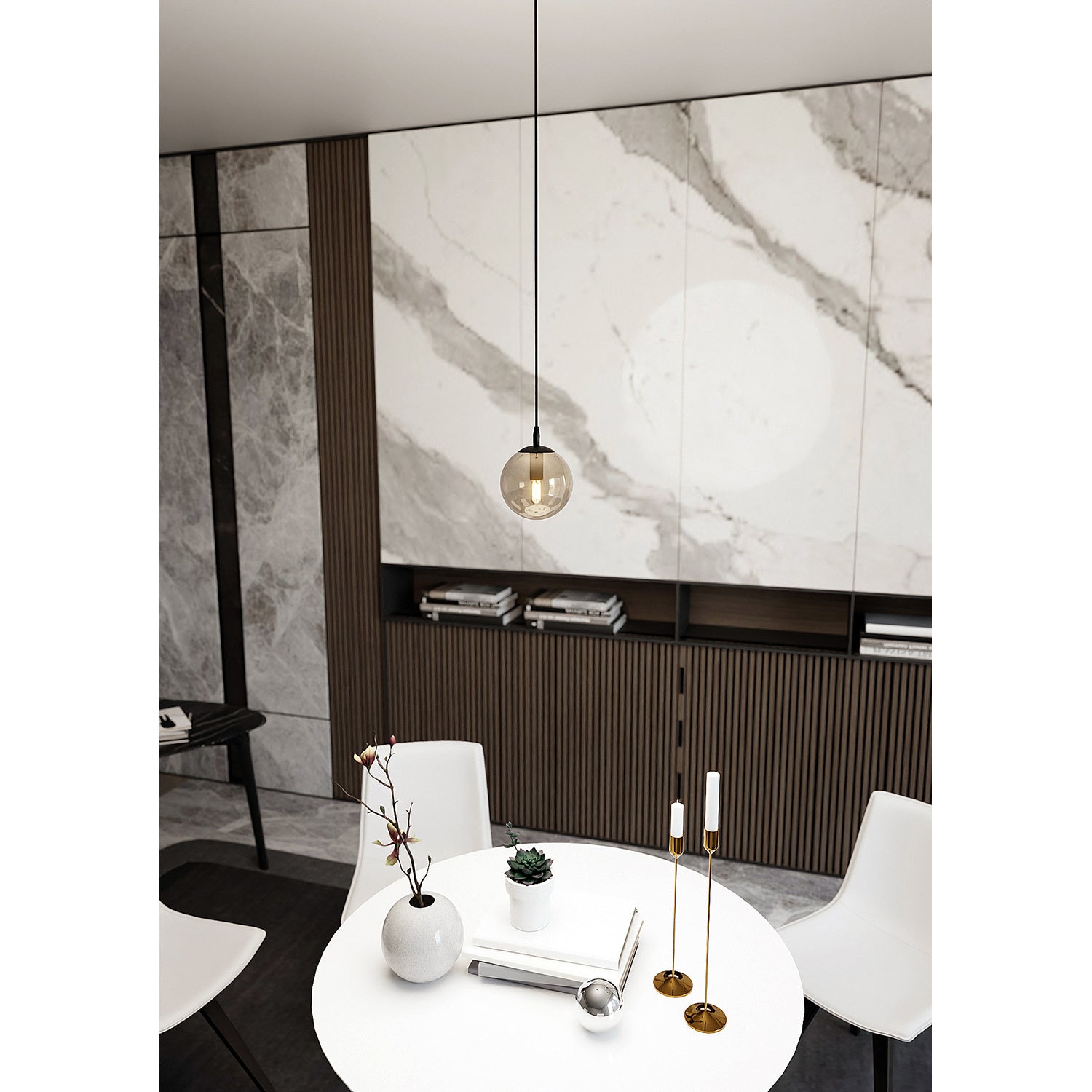 Sospensione Moderna 1 Luce Kali In Acciaio Nero E Sfera In Vetro Ambra