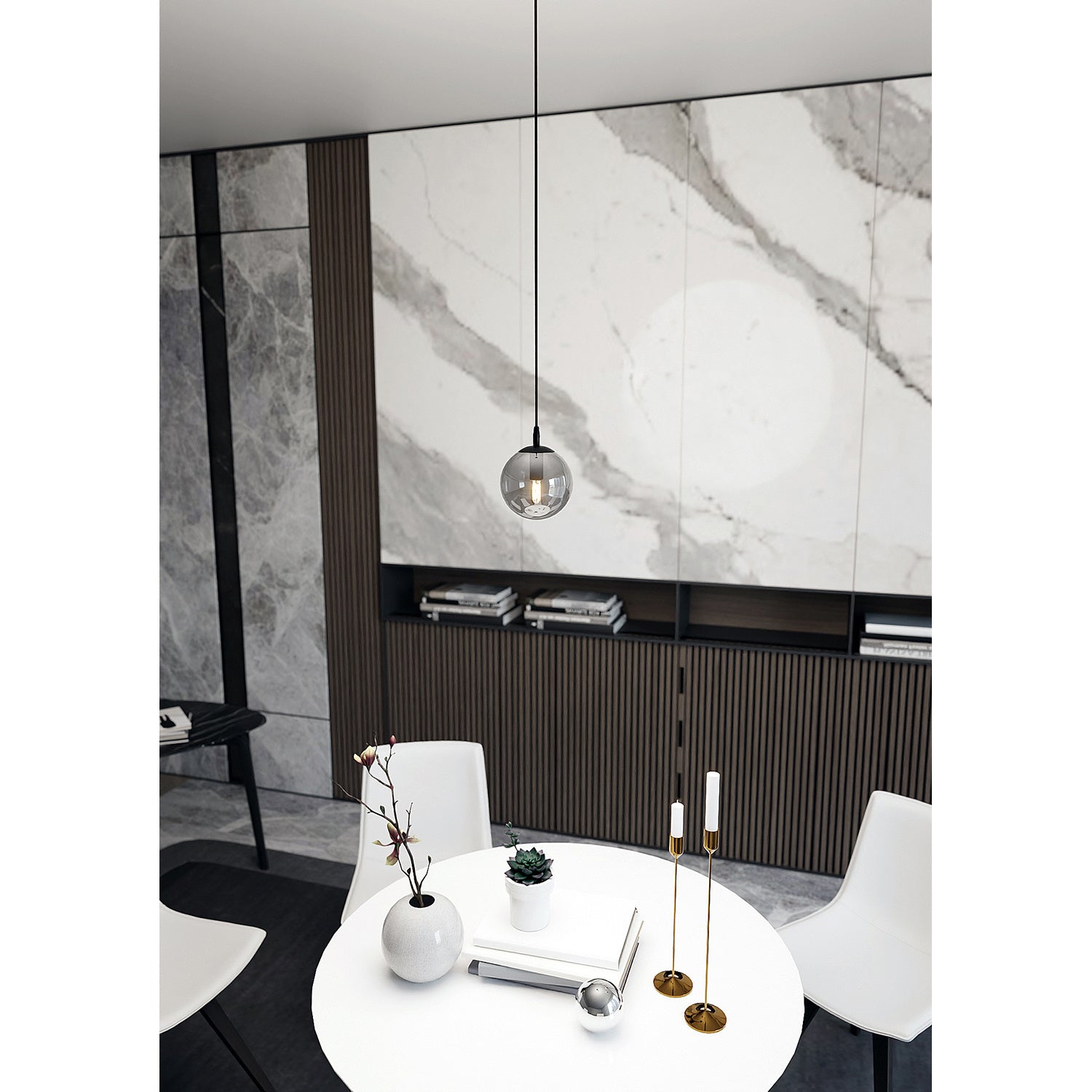 Sospensione Moderna 1 Luce Kali In Acciaio Nero E Sfera In Vetro Fumè