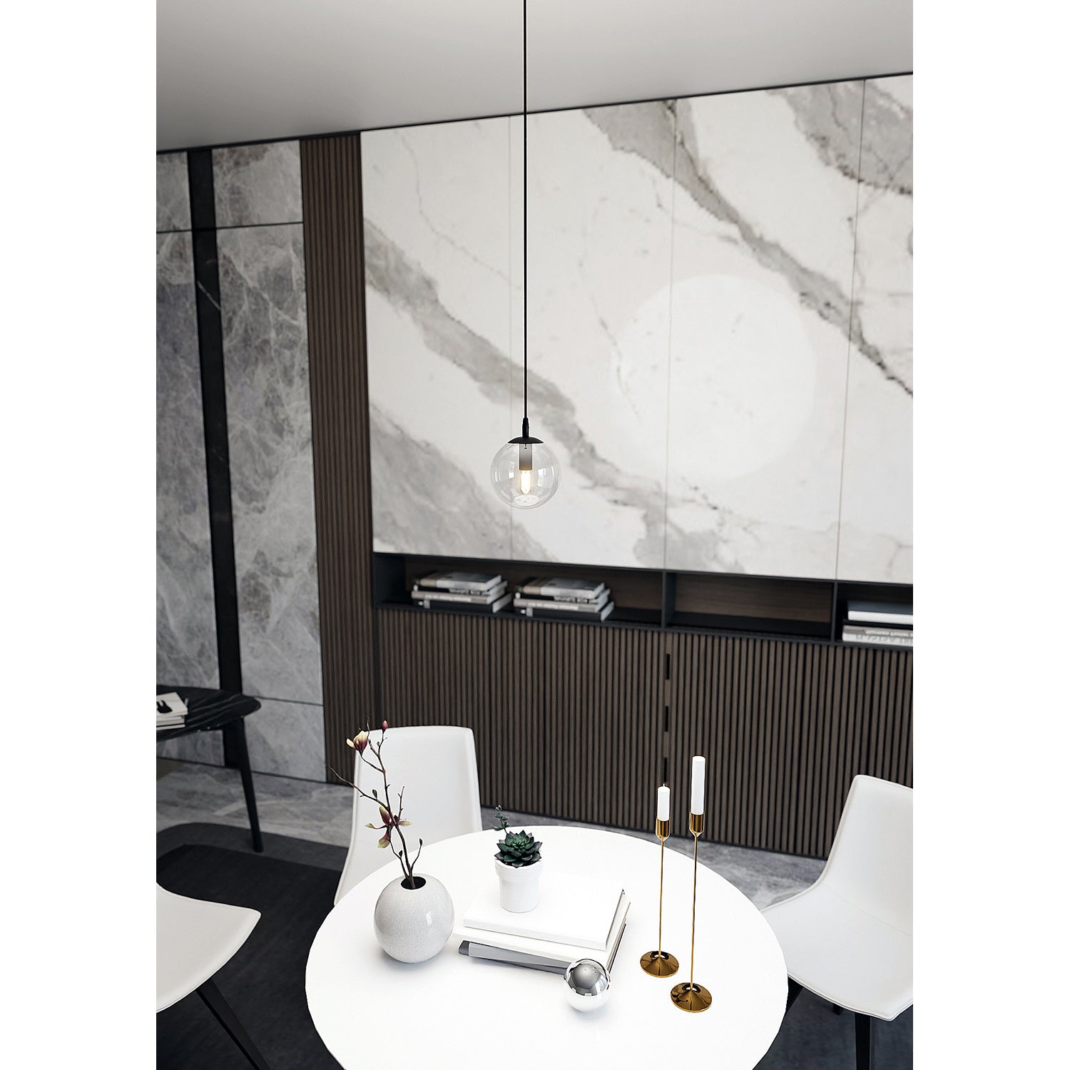 Sospensione Moderna 1 Luce Kali In Acciaio Nero E Sfera In Vetro Trasparente