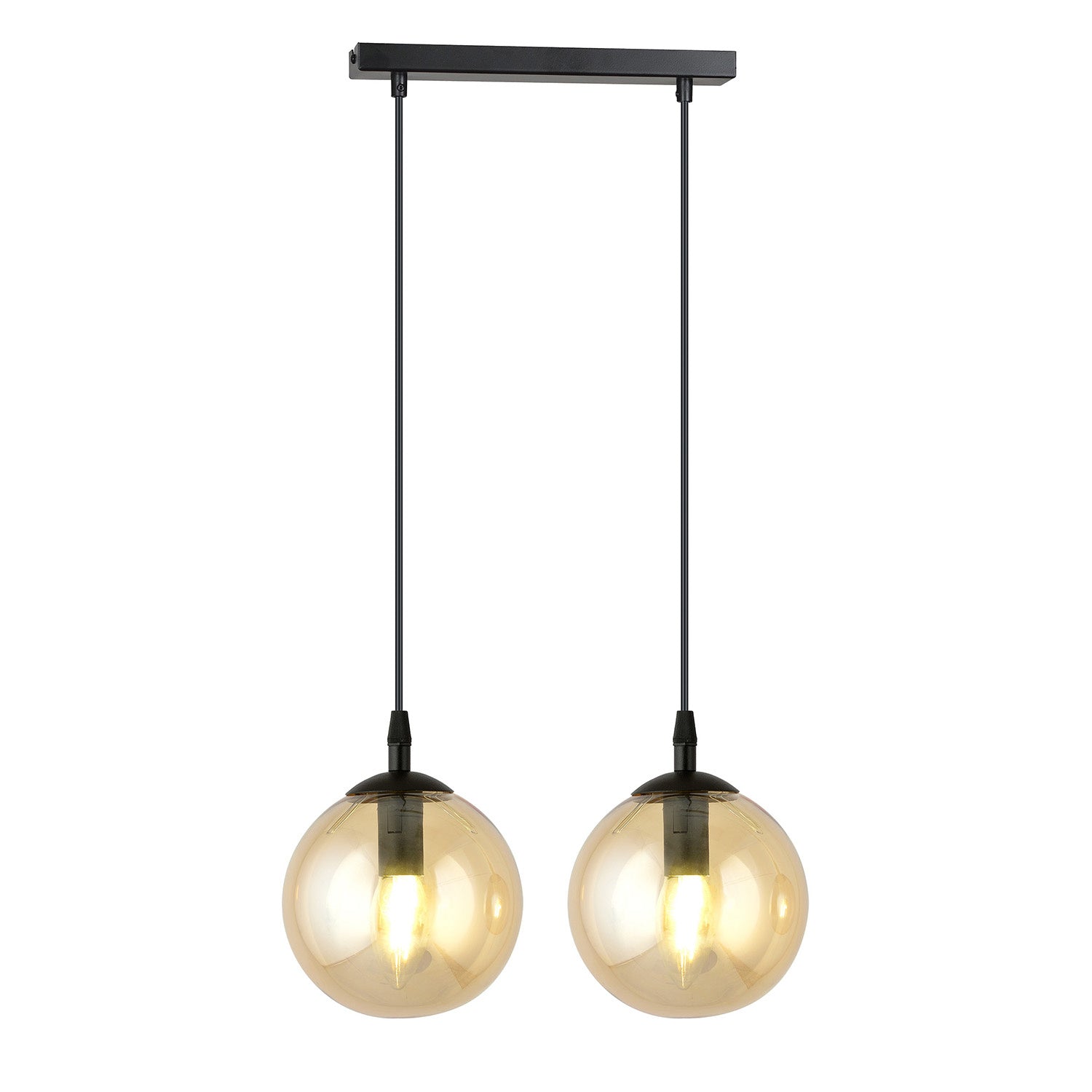 Sospensione Moderna 2 Luci Kali In Acciaio Nero E Sfere In Vetro Ambra