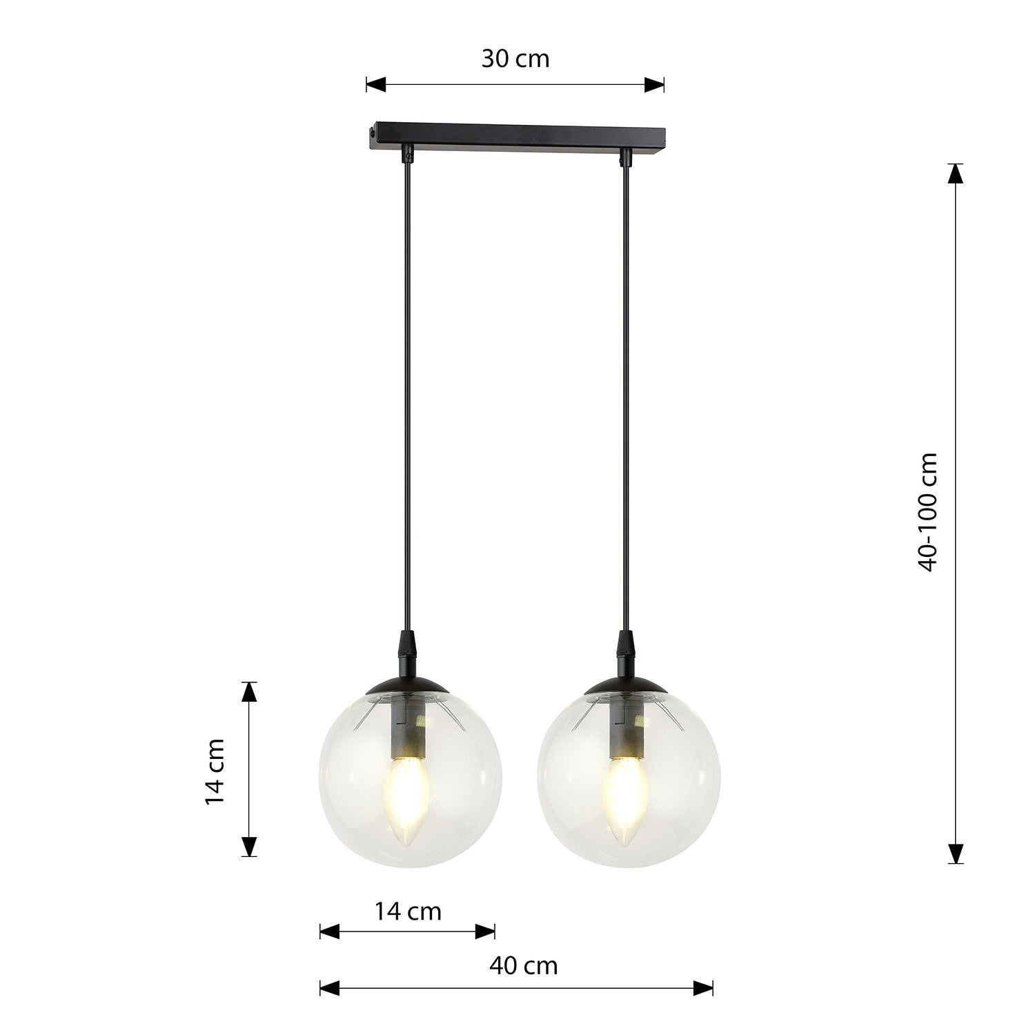 Sospensione Moderna 2 Luci Kali In Acciaio Nero E Sfere In Vetro Trasparente