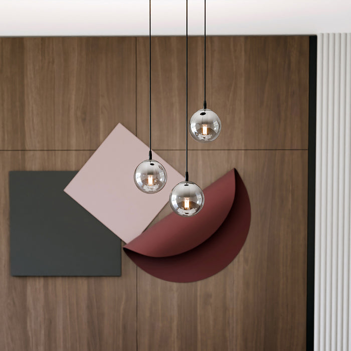 Sospensione 3 Luci Kali In Acciaio Nero Base Tonda E Sfere In Vetro Fumè