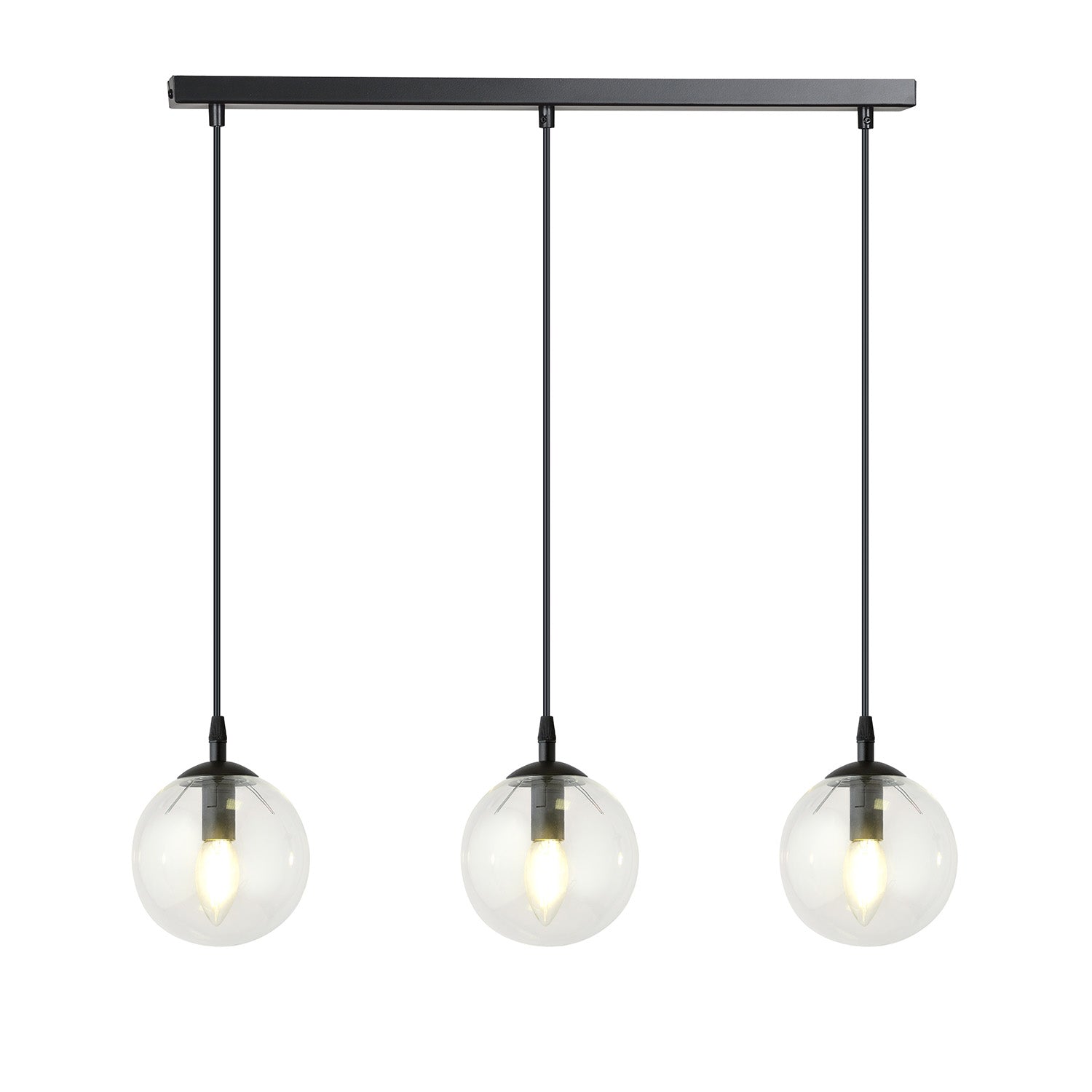 Sospensione Moderna 3 Luci Kali In Acciaio Nero E Sfere In Vetro Trasparente