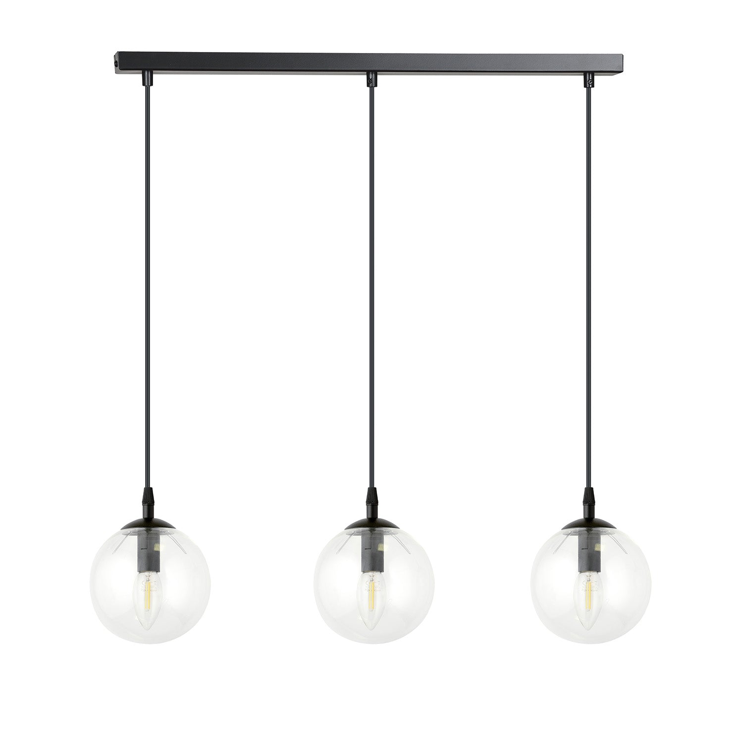 Sospensione Moderna 3 Luci Kali In Acciaio Nero E Sfere In Vetro Trasparente