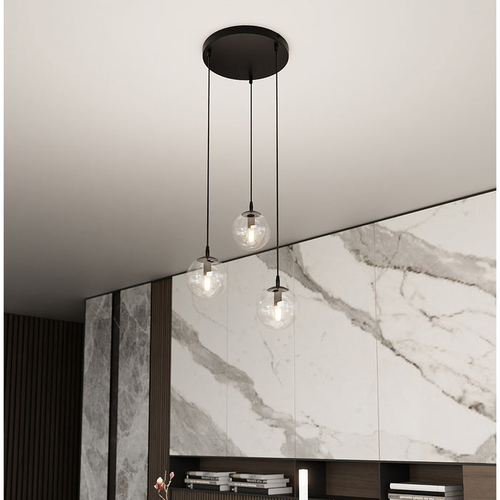 Sospensione 3 Luci Kali In Acciaio Nero Base Tonda E Sfere In Vetro Trasparente