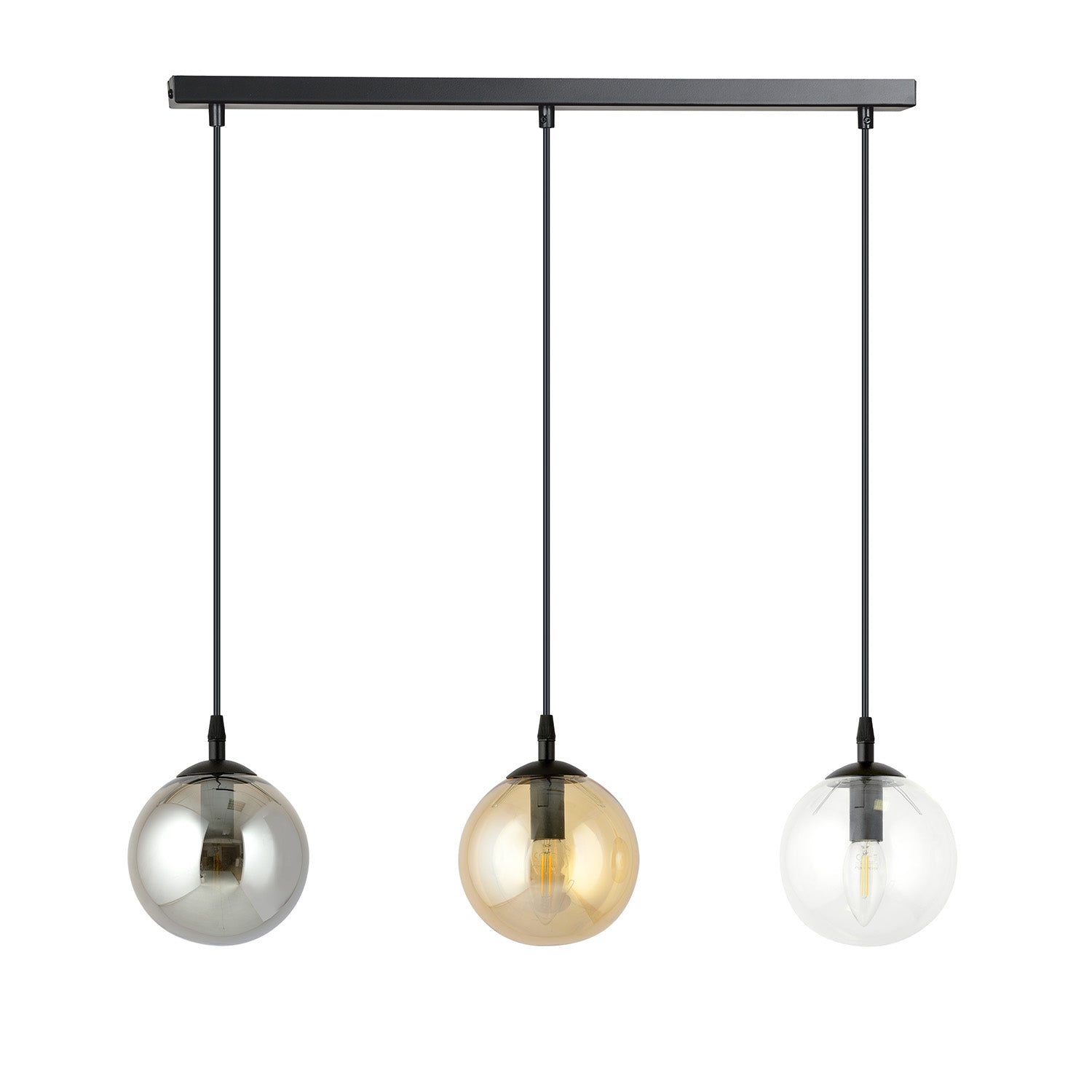 Sospensione Moderna 3 Luci Kali In Acciaio Nero E Sfere In Vetro Multicolor