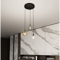 Sospensione 3 Luci Kali In Acciaio Nero Base Tonda E Sfere In Vetro Multicolor