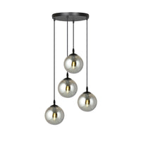 Sospensione 4 Luci Kali In Acciaio Nero Base Tonda E Sfere In Vetro Fumè