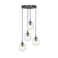 Sospensione 4 Luci Kali In Acciaio Nero Base Tonda E Sfere In Vetro Trasparente