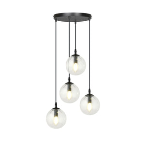 Sospensione 4 Luci Kali In Acciaio Nero Base Tonda E Sfere In Vetro Trasparente