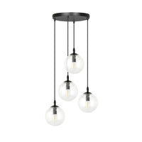 Sospensione 4 Luci Kali In Acciaio Nero Base Tonda E Sfere In Vetro Trasparente