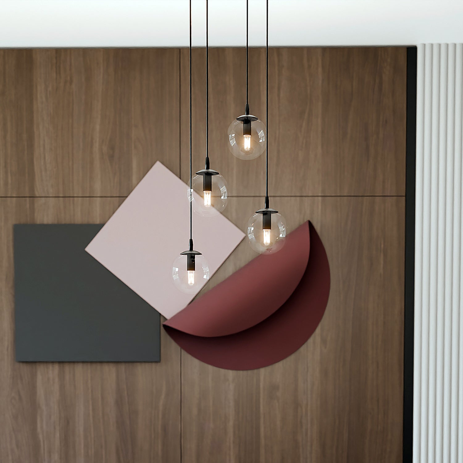 Sospensione 4 Luci Kali In Acciaio Nero Base Tonda E Sfere In Vetro Trasparente