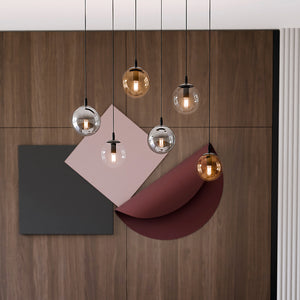 Sospensione Moderna 6 Luci Kali In Acciaio Nero E Sfere In Vetro Multicolor