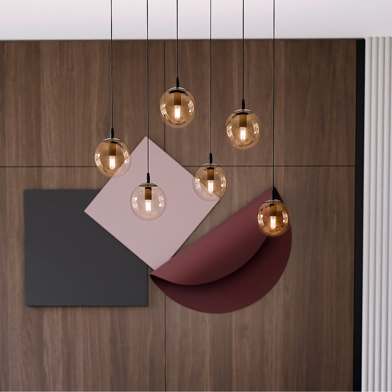 Sospensione Moderna 6 Luci Kali In Acciaio Nero E Sfere In Vetro Ambra