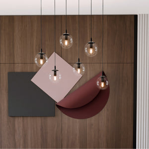 Sospensione Moderna 6 Luci Kali In Acciaio Nero E Sfere In Vetro Trasparente