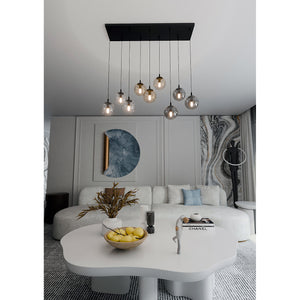 Sospensione Moderna 9 Luci Kali In Acciaio Nero E Sfere In Vetro Multicolor