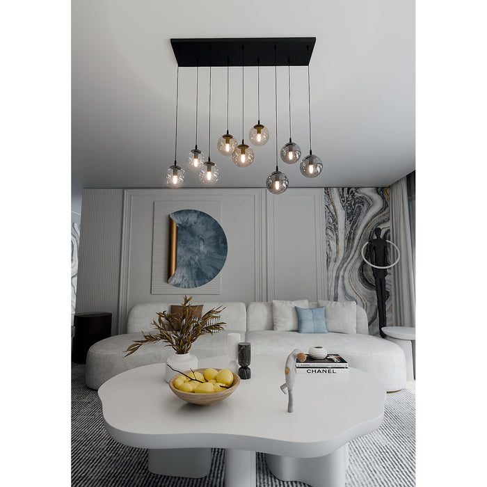 Sospensione Moderna 9 Luci Kali In Acciaio Nero E Sfere In Vetro Multicolor