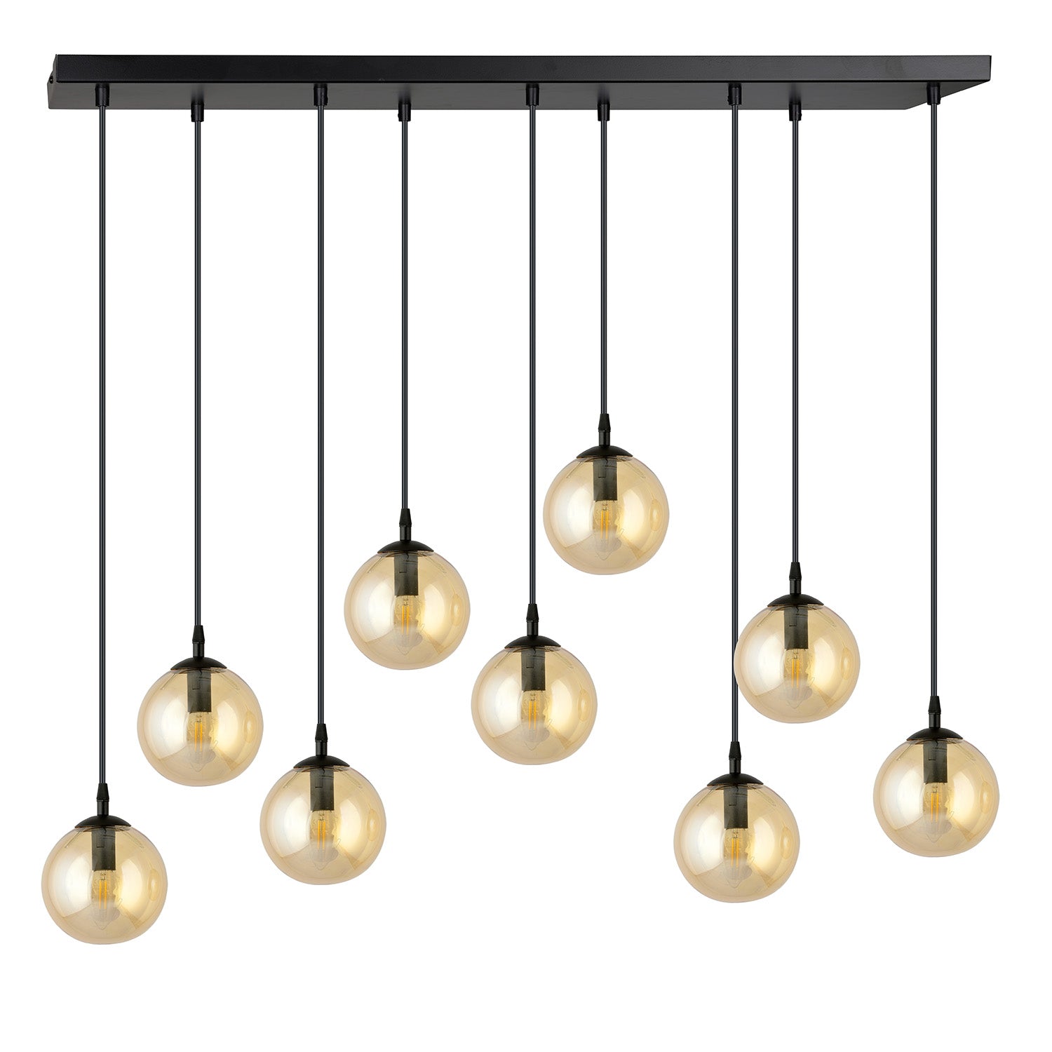 Sospensione Moderna 9 Luci Kali In Acciaio Nero E Sfere In Vetro Ambra